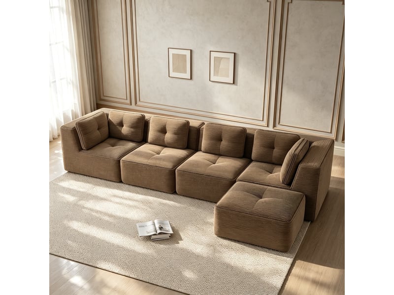  Canapé modulable 4 places, lignes généreuses, coussins souples et revêtement côtelé, 69 × 386 × 177 cm, marron  - Conforama D