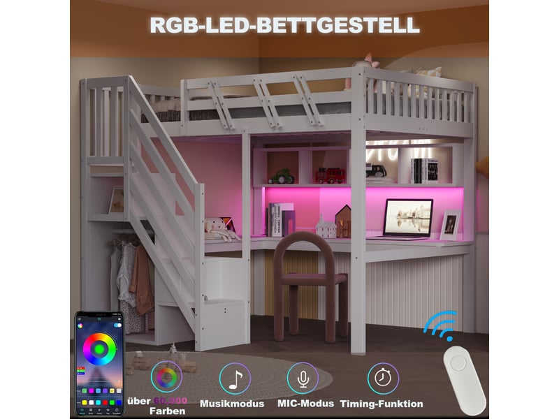 Lit mezzanine,140x200 cm,avec bureau, escalier de rangement et led,mdf,blanc - Conforama E