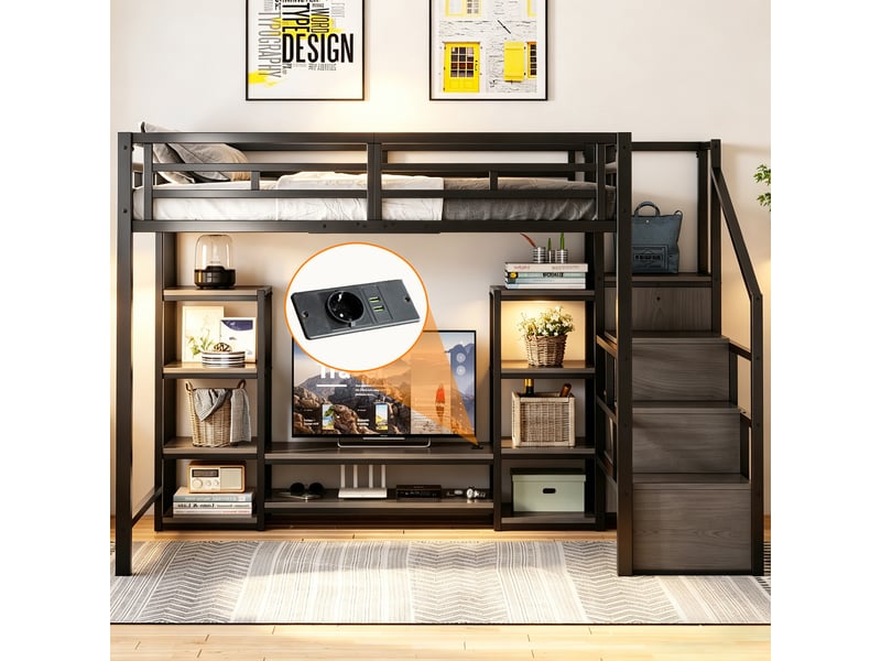  Lit mezzanine double 140×200 cm avec support tv, prise et échelle - okmyhome- métal noir, sans matelas  - Conforama C