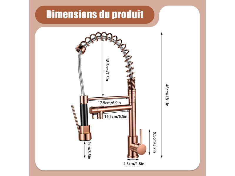 Mitigeur cuisine pivotant 360°- robinet 46cm avec ressort extensible et 2 modes de pulvérisation - rose gold - Conforama E