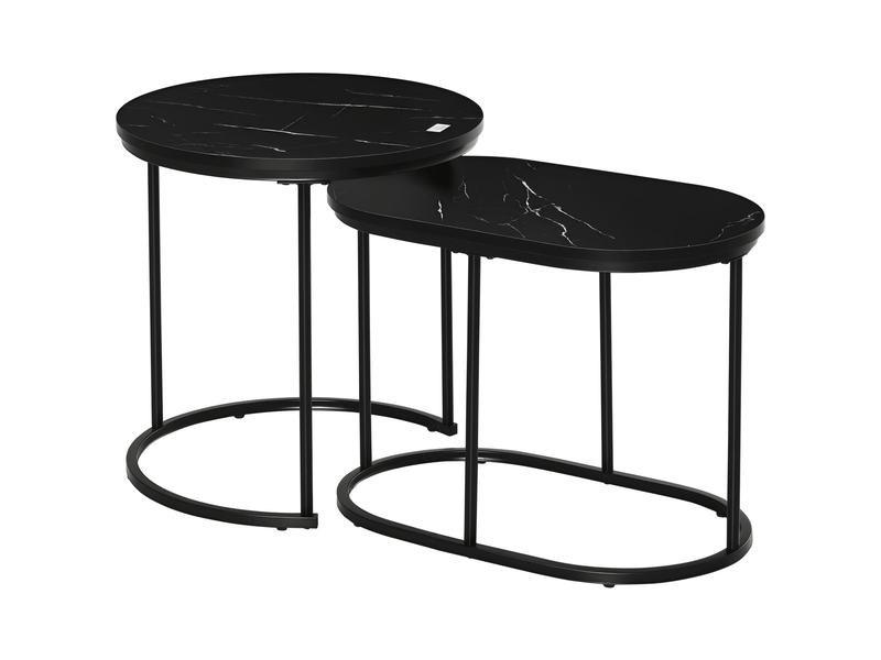  Lot de 2 tables basses tables d'appoint gigognes en acier et plateau mdf aspect marbre - noir - table ronde et ovale  - Conforama B