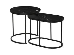Lot de 2 tables basses tables d'appoint gigognes en acier et plateau mdf aspect marbre - noir - table ronde et ovale