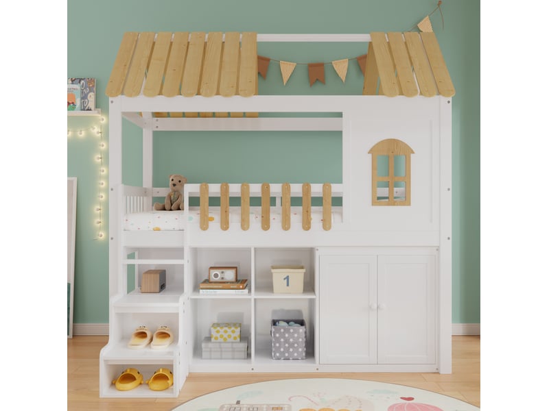  Lit mezzanine enfant 90x200 cm avec rangements, blanc et coloris bois naturel  - Conforama C