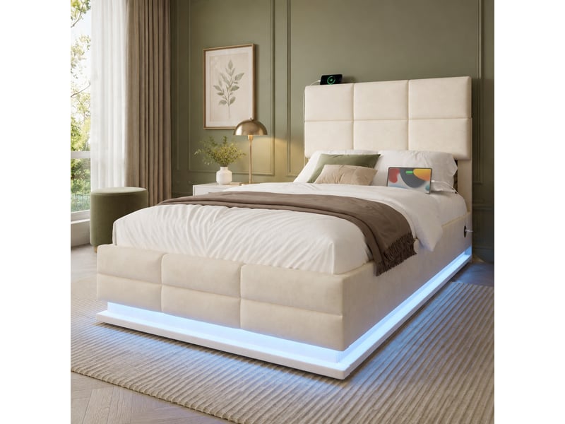  Lit coffre 90x200 cm velours beige, led, usbtype-c, tête réglable, sans matelas  - Conforama D