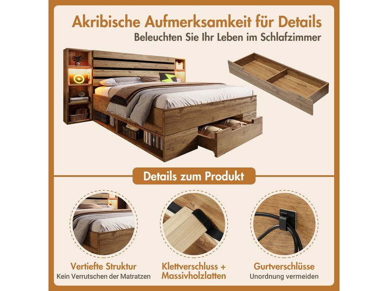  Lit coffre double 160x200 avec led télécommande, usb type-c, tiroirs rangement et sommier à lattes bois massif chêne  - Conforama E