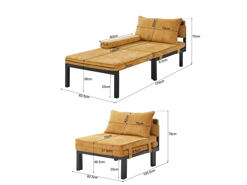  Chauffeuse convertible 2 en 1 - 176x82x79cm - fauteuil lit pliant avec ports usbtype-c et coussin - velours doux - jaune  - Conforama E