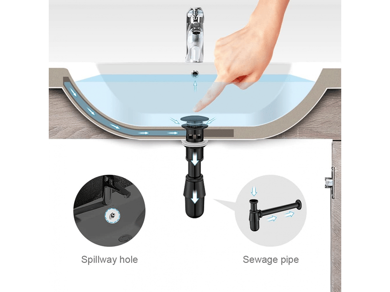  Tige de vidage pour bonde de lavabo à trop-plein – pop-up universelle, laiton massif fini chromé noir  - Conforama C