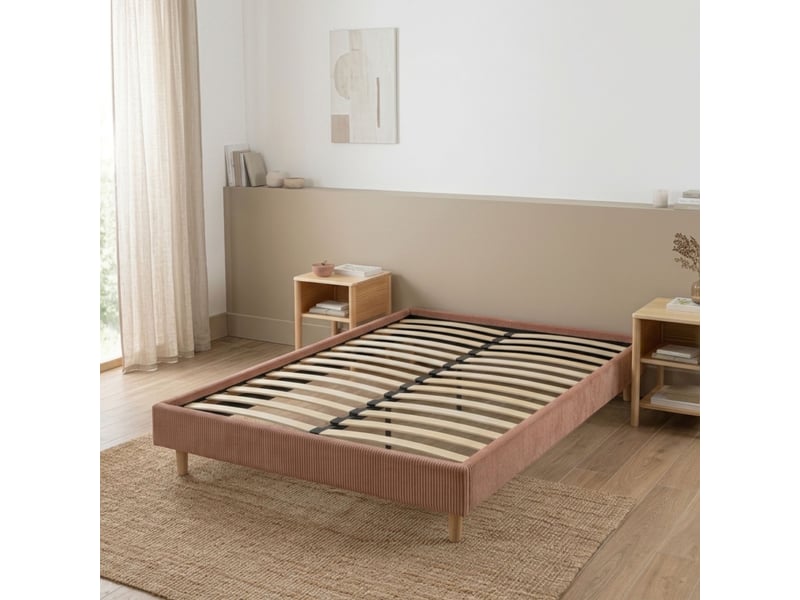  Sommier kit 140x190 cm en tissu velours côtelé rose terre de nuit  - Conforama B
