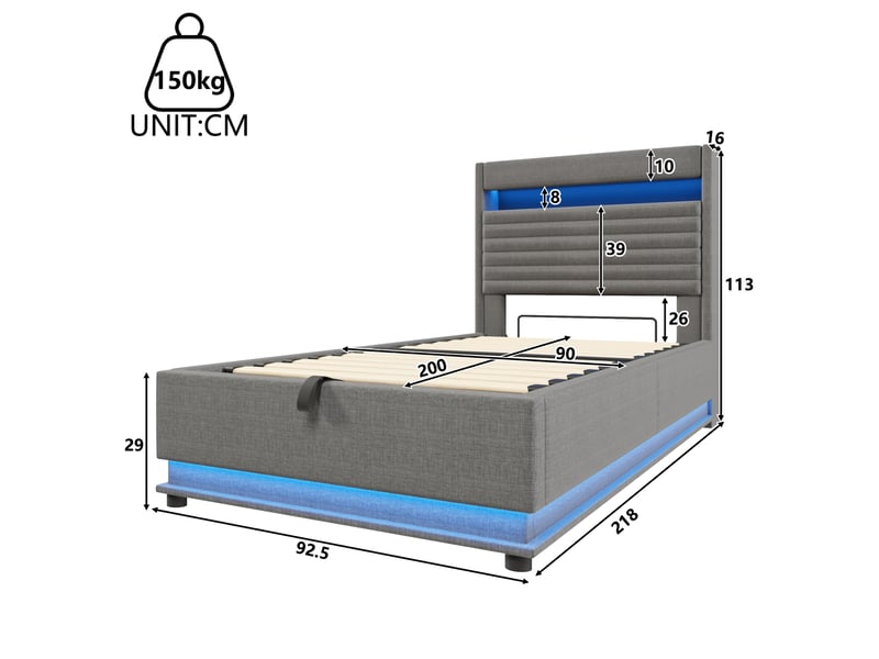Lit rembourré gris 90x200 cm en lin, rangement hydraulique, led, usb-c - Conforama C