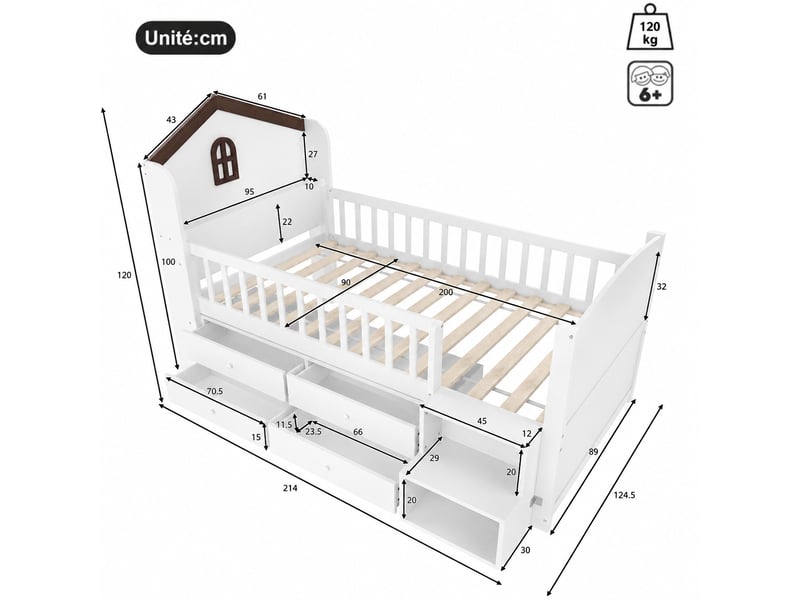  Lit cabane enfant 90x200 cm avec 4 tiroirs, éclairage led et échelle, structure blanche en bois  - Conforama C