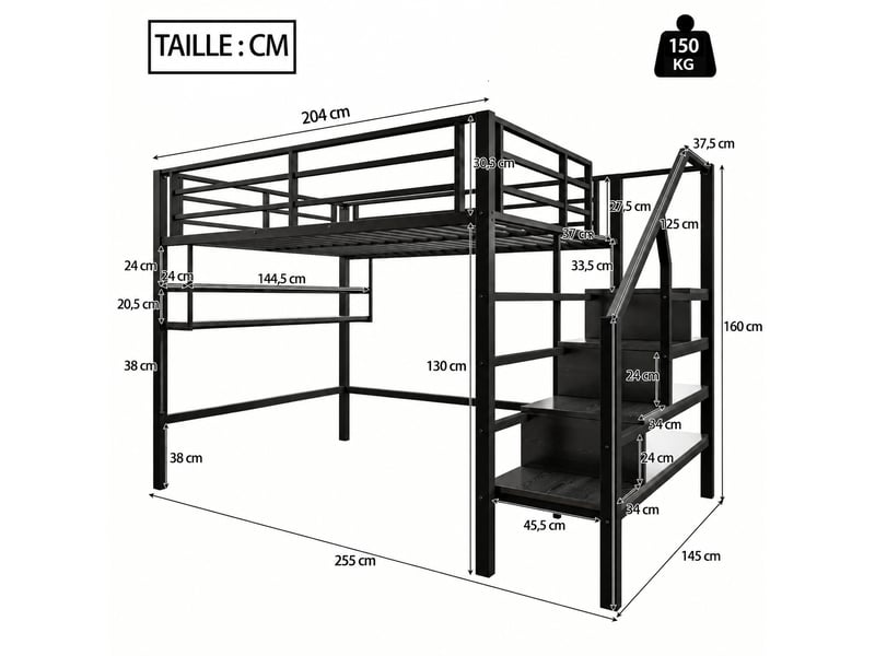  Lit mezzanine enfant 140 x 200 cm avec étagères et échelle de rangement, structure en métal et mdf, noir  - Conforama C