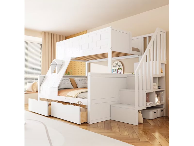  Modenvie lit superposé enfant 90x200140x200 cm - escalier avec rangement, 2 tiroirs - blanc  - Conforama D