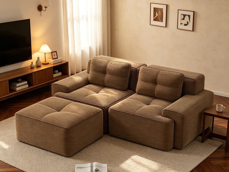  Canapé modulable 2 places avec pouf, finition capitonnée en velours côtelé, convertible, 69 × 204 × 177 cm, marron  - Conforama B