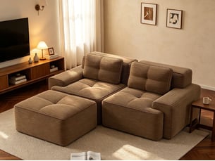 Canapé modulable 2 places avec pouf, finition capitonnée en velours côtelé, convertible, 69 × 204 × 177 cm, marron
