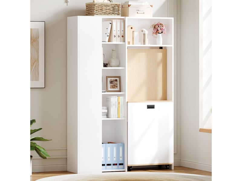 Bureau pliable avec étagère, bureau bibliothèque 2 en 1 blanc avec prise et usb, gain de place pour télétravail, 104x160cm - Conforama W