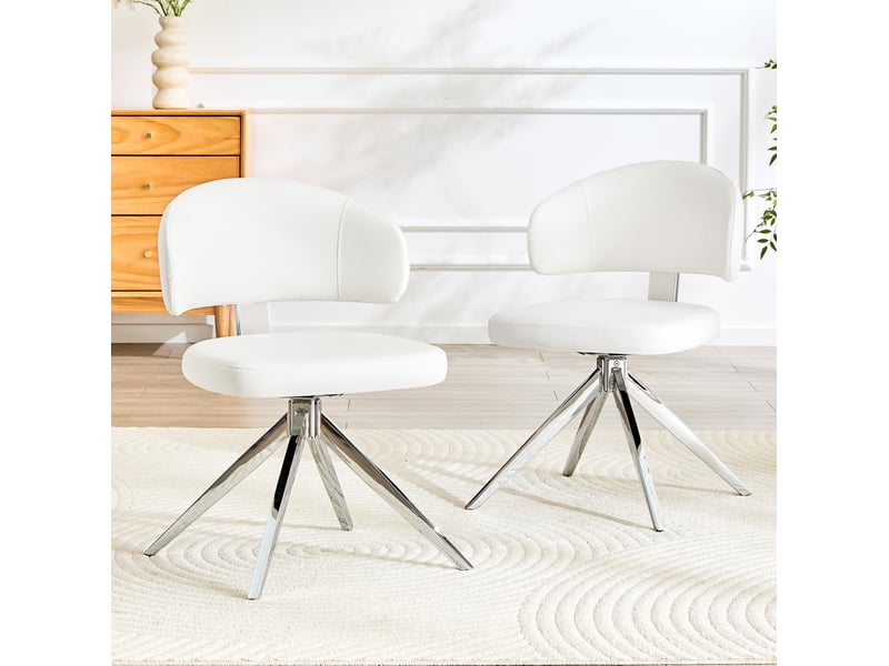  Chaise de salle à manger lot de 2 pivotantes à 360 degrés avec dossier incurvé et assise rembourrée en pu blanc  - Conforama D