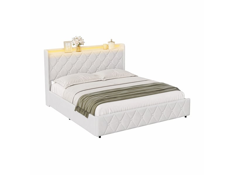 Cadre de lit 160x200 cm avec rangement sous lit à vérin pneumatique, tête de lit rembourrée en velours blanc, éclairage led rgb, ports usb et type-c, lit adulte design moderne - Conforama A