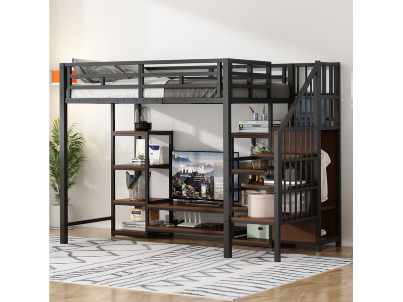  Lit mezzanine 90x200 support télévision, prise intégrée, échelle sécurisée, gain de place, métalmdf, noir sans matelas  - Conforama B