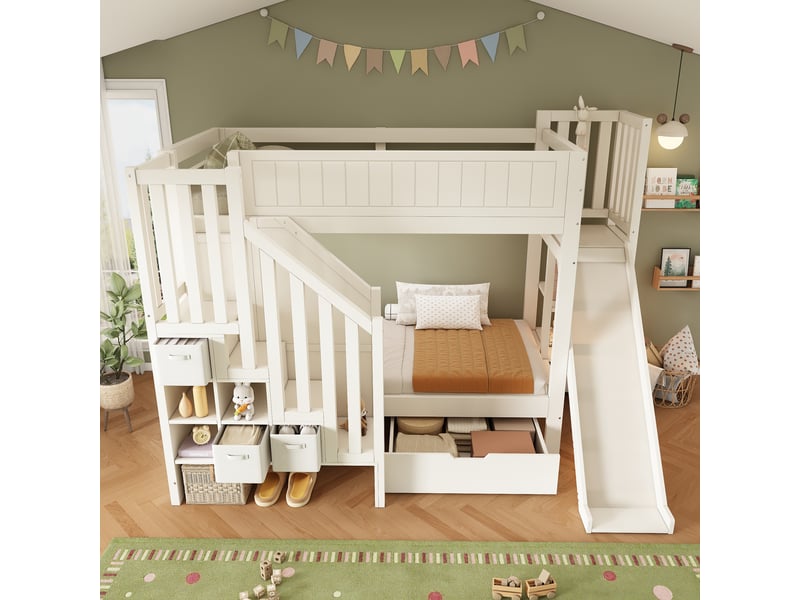 Lit superposé enfant 90x200 - lit enfant bois avec toboggan - escalier rangement - tiroirs - étagère ouverte - 2 couchages - blanc - Conforama C