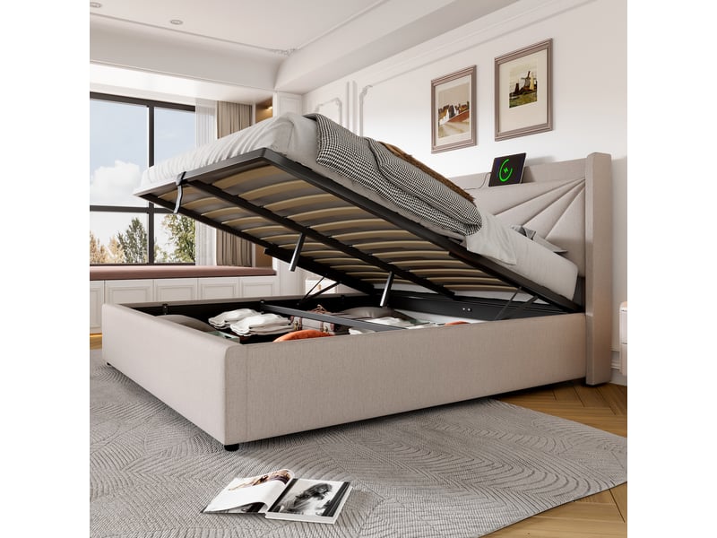  Lit avec rangement en coton lin beige 160 x 200 cm  - Conforama E