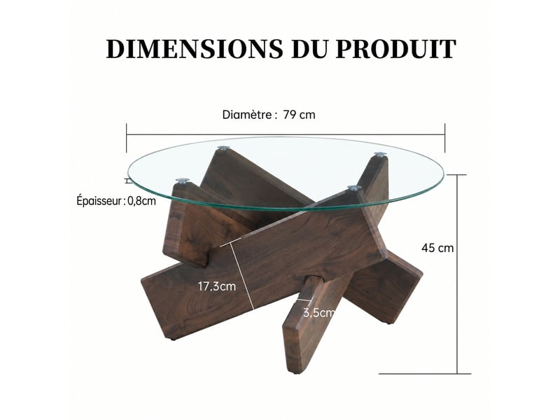  Table basse ronde en verre avec plateau en verre trempé de 8 mm, pieds croisés effet noyer, ø79 cm  - Conforama C