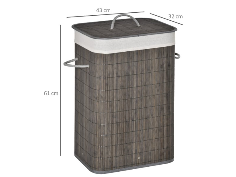 Panier à linge étroit en bambou gris 83l avec couvercle, poignées et sac amovible - Conforama C