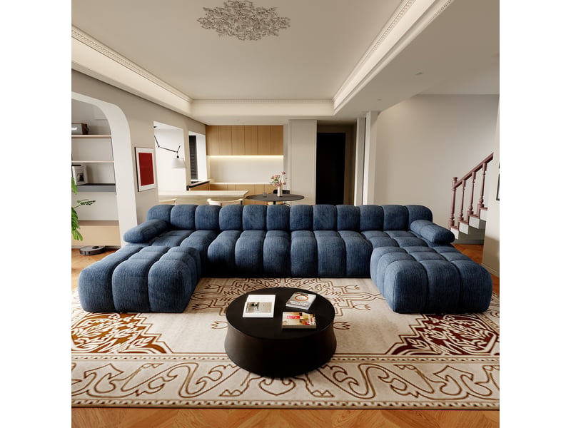 Canapé d'angle en u 4 places, 400 cm, sans montage, mousse compressée, pour salon et appartement, bleu - Conforama C