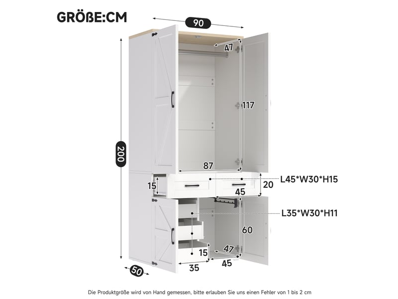  Armoire 90x50x200 cm 4 portes, 5 tiroirs et 2 penderies coloris blanc  - Conforama C