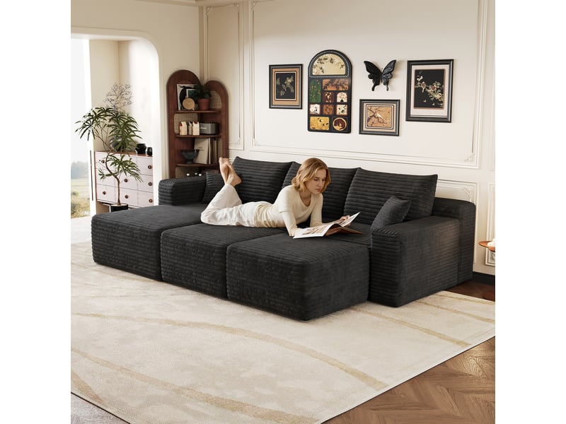  Canapé d'angle modulaire 3 places avec 2 poufs 241 x 151 x 58 cm, assise profonde, design nuage, livré monté, velours côtelé, noir Bliss Lite - Conforama E