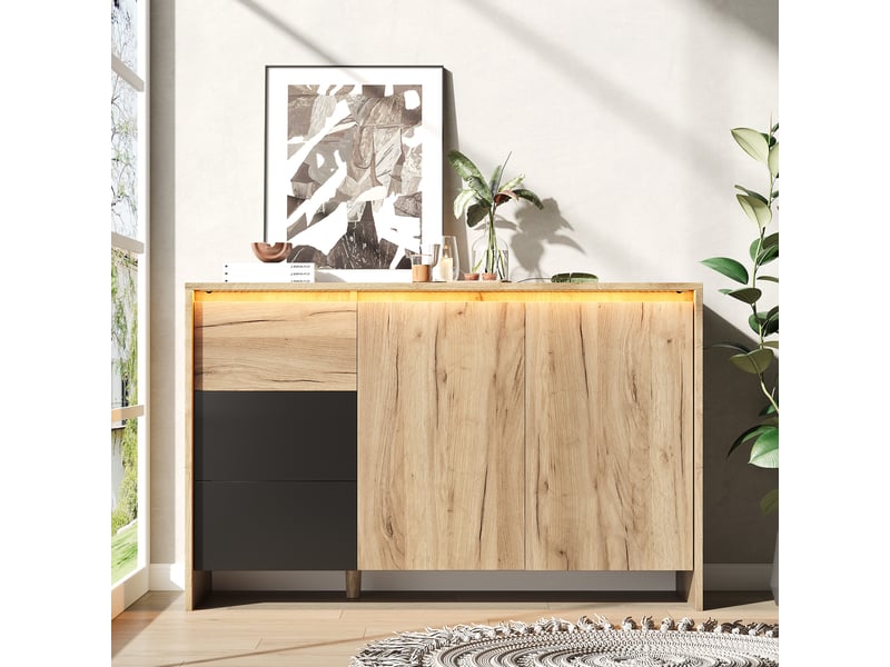Buffet avec éclairage led 105x40x76 cm, 2 portes, 3 tiroirs, meuble de cuisine, idéal pour salon et salle à manger, aggloméré, noir+naturel - Conforama E