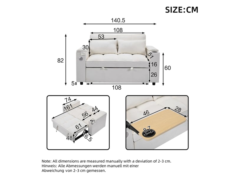  Canapé convertible 3 en 1, canapé 2 places beige en tissu, lit d'appoint avec dossier réglable et ports usb pour salon et chambre.  - Conforama C