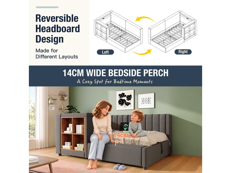  Canapé-lit 90x190cm - avec éclairage led et port de charge usbtype-c - tissu en lin - installation à gauchedroite - gris (matelas non inclus)  - Conforama R