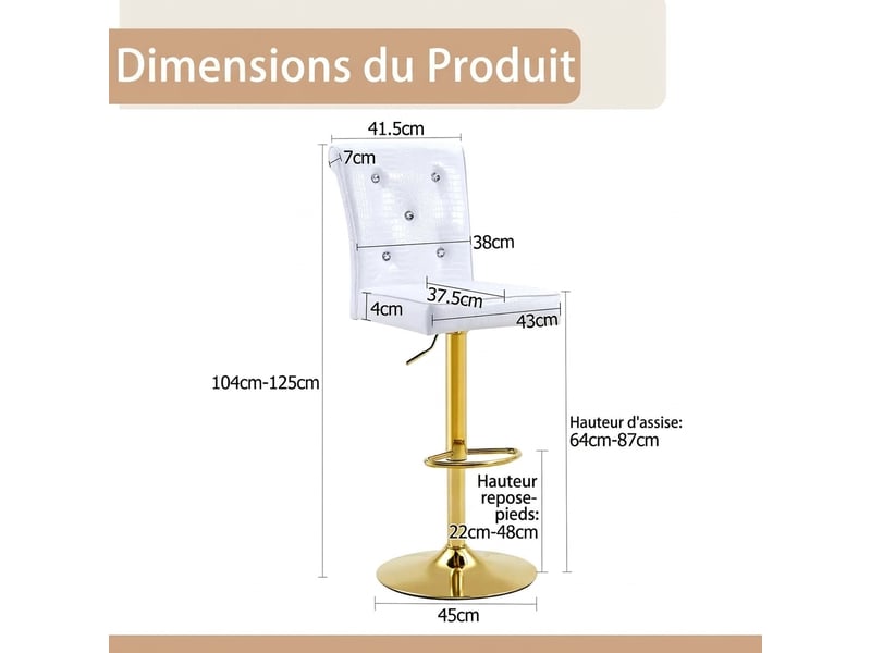  Lot de 4 chaises de salle à manger blanches vintage, cuir synthétique motif crocodile, boutons en cristal, hauteur 125 cm  - Conforama C