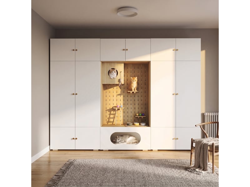 Dressing complet 270x50x200 cm avec arbre à intégré, armoire de chambre multifonctionnelle et vestiaire d'entrée, avec 11 compartiments, blanc - Conforama B
