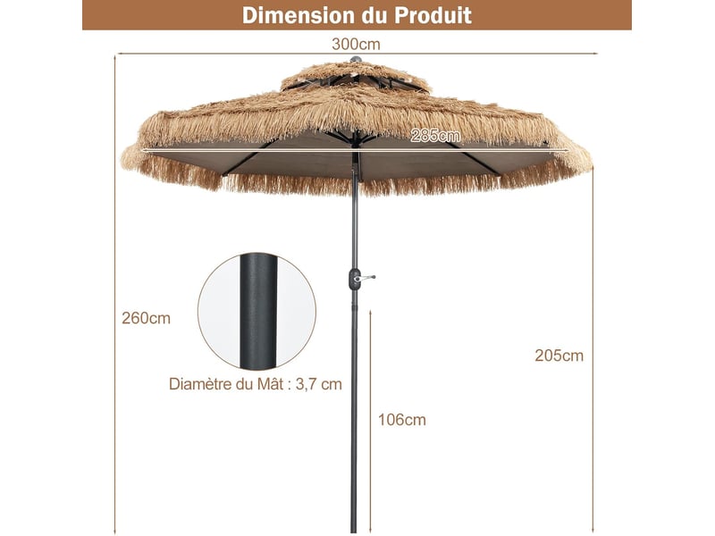  Parasol en paille pe d.285xh.260cm avec toit inclinable-parasol chaume de style hawaïen tropical 8 baleines-pour patioterrassejardin  - Conforama B