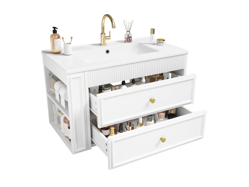  Meuble vasque mural 76x46x55 cm, meuble salle de bain avec led, porte en verre cannelé, tiroirs et étagères réglables, mdf, blanc Bliss Lite - Conforama A