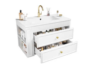 Meuble vasque mural 76x46x55 cm, meuble salle de bain avec led, porte en verre cannelé, tiroirs et étagères réglables, mdf, blanc