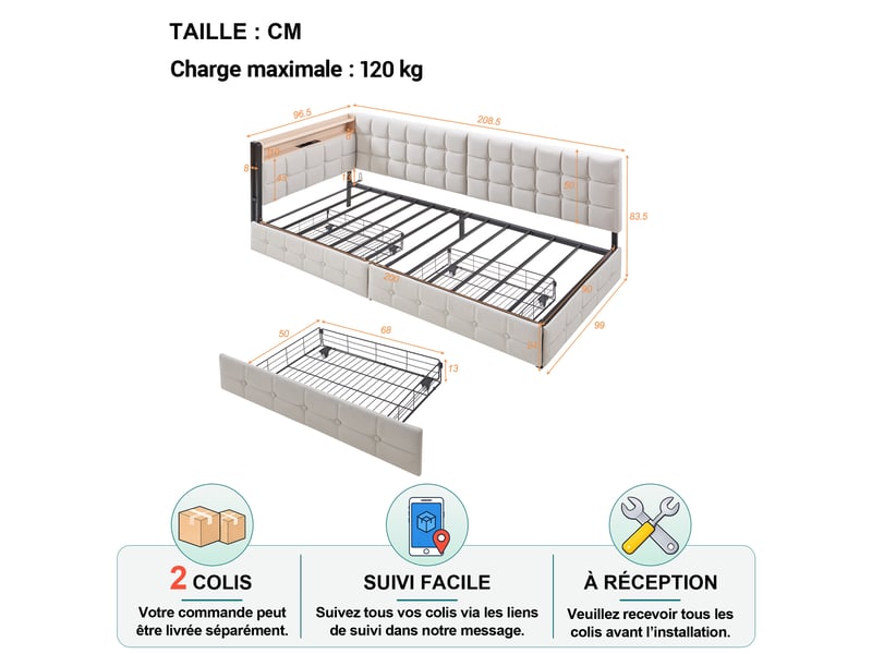  Lit banquette simple 90×200 cm, 2 tiroirs, led réglable, usb et type-c - okmyhome- en tissu beige, sans matelas  - Conforama D