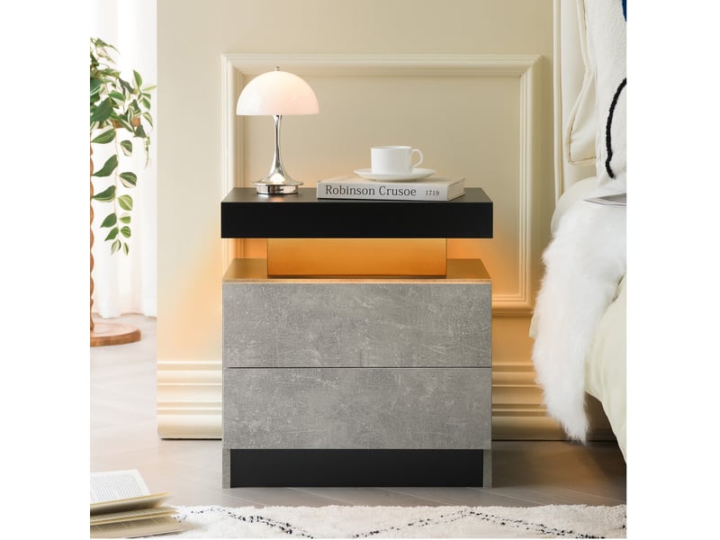  Table de chevet led moderne – 2 tiroirs et rangement ouvert – gris – 50 × 53 × 36 cm  - Conforama B