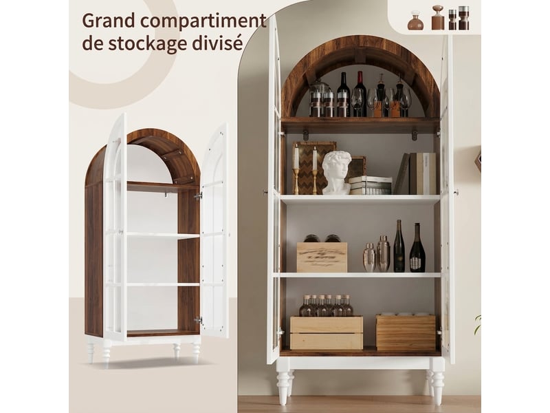  Buffet de cuisine vitrine 165 cm avec portes en verre cannelé, finition noyer et blanc  - Conforama E