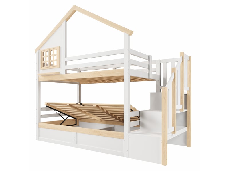  Lit superposé 90x200 cm, lit enfant, rangement hydraulique, bois de pin blanc et naturel, barrière antichute  - Conforama B