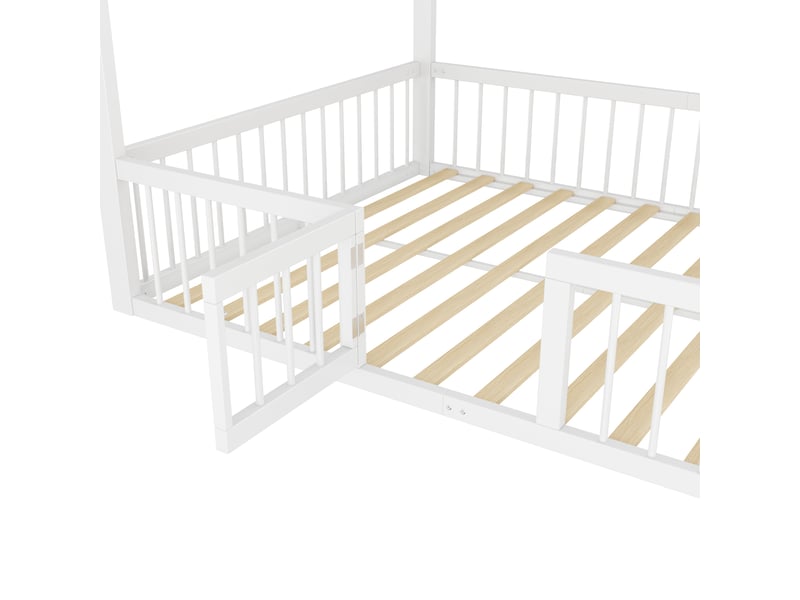  Lit cabane enfant 200×140 cm avec toit, barrières et portillon, sans matelas, en métal blanc  - Conforama E