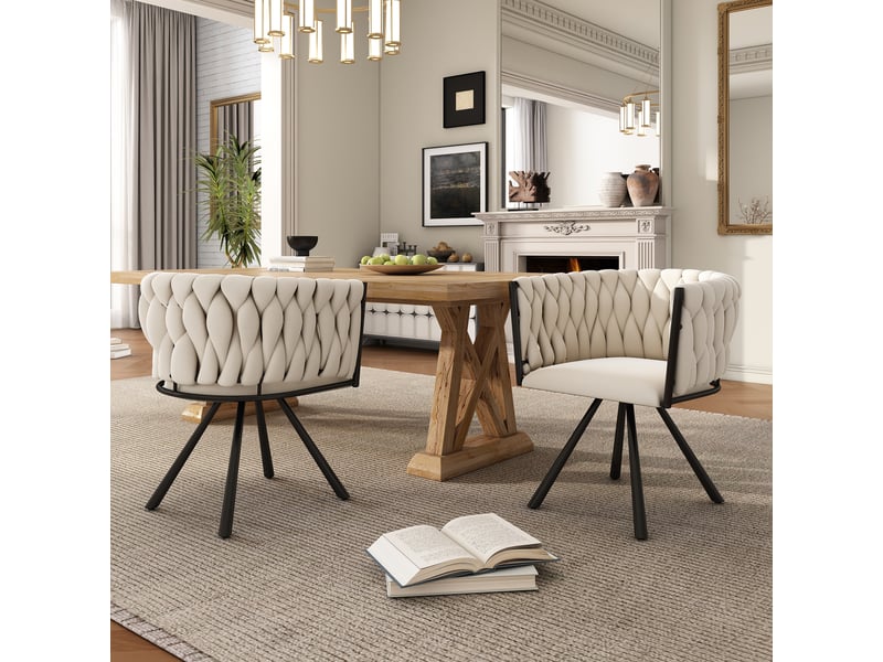  Lot de 6 fauteuils de salle à manger pivotants 360° en velours beige, pieds métal noir, pour séjour  - Conforama W