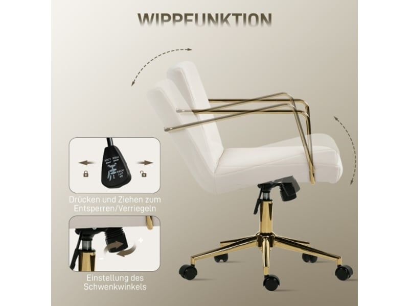  Chaise de bureau à roulettes, base métal doré, tissu aspect velours, crème, confortable  - Conforama E