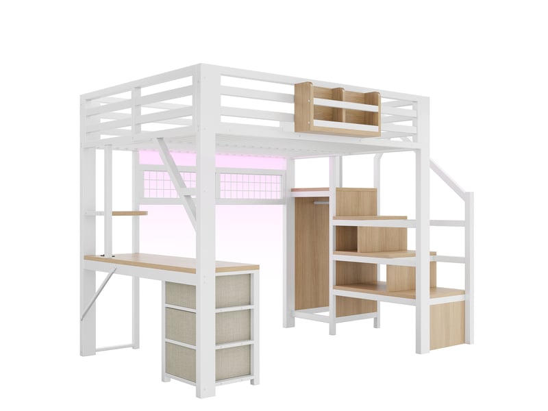  Lit mezzanine 140x200 cm blanc, avec bureau, 3 tiroirs, rangements, penderie, led, structure métal, sommier inclus, sans matelas  - Conforama D