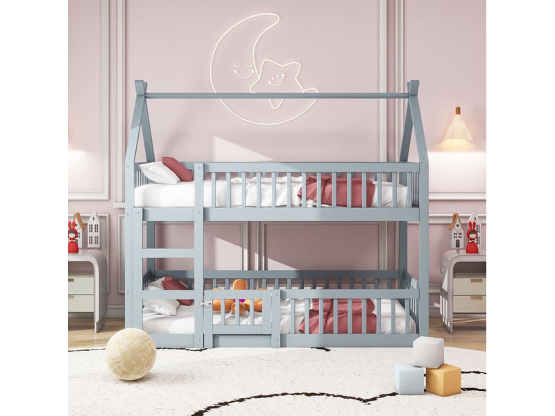  Lit mezzanine enfant 90 x 200 cm avec escalier, structure en bois gris, modulable  - Conforama D