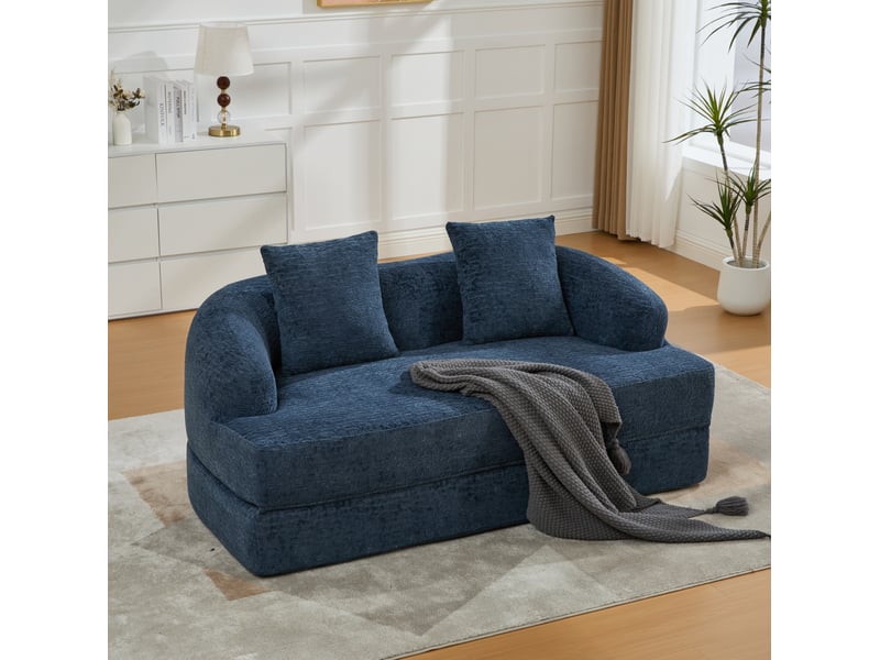  Canapé modulaire 2 pl 157x84x65cm, 2 coussins, mousse à haute densité, prêt à installer, adapté au salon, chenille, bleu marine  - Conforama B