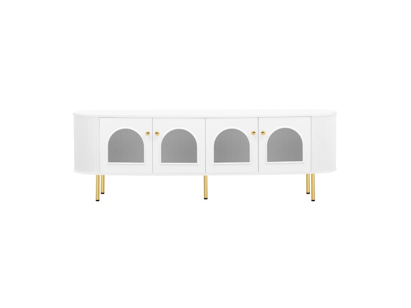  Meuble tv bas en verre avec portes - rangement pratique pour salon - pieds et poignées dorées  - Conforama A