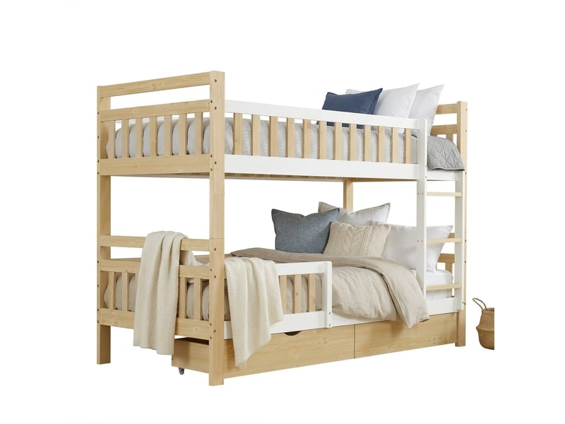 Lit superposé enfant 90x200 cm en bois, séparable en 2 lits simples, avec échelle, barrières de sécurité et 2 tiroirs - blanc et naturel - Conforama A