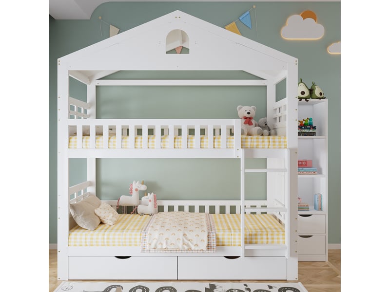Lit superposé enfant 90 x 200 cm blanc en bois, 2 tiroirs et rangement latéral avec échelle - Conforama B